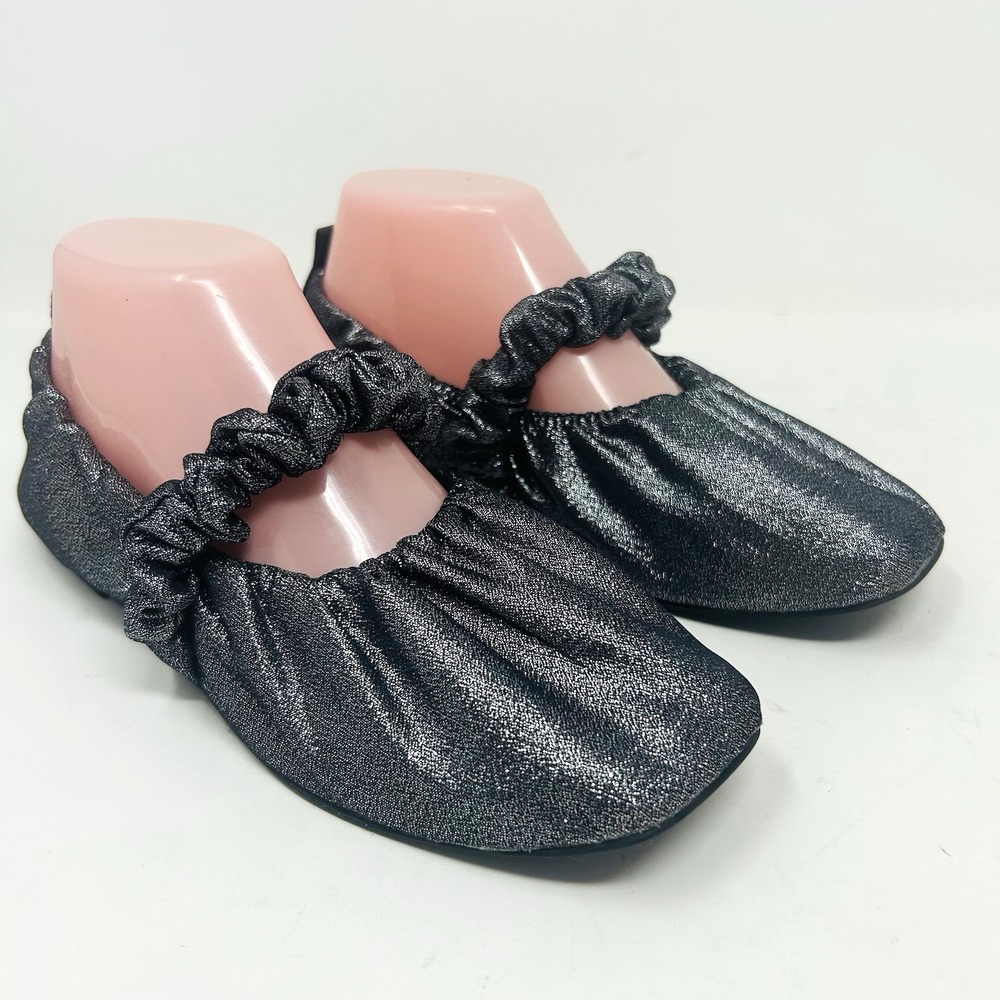 Ganni Soft Square Toe Scrunchie Ballet Flats 37 7 Dark Gray Metallic Leather
